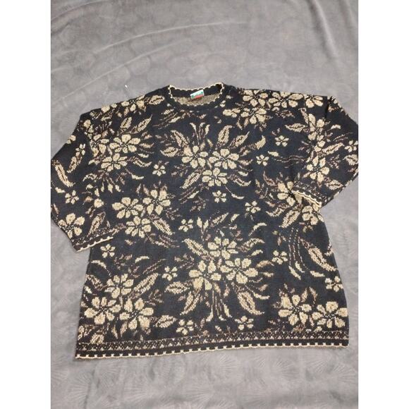 Nutcracker Womens Black Sweater Floral Gold Metallic Long Sleeve Vintage USA - Picture 1 of 9